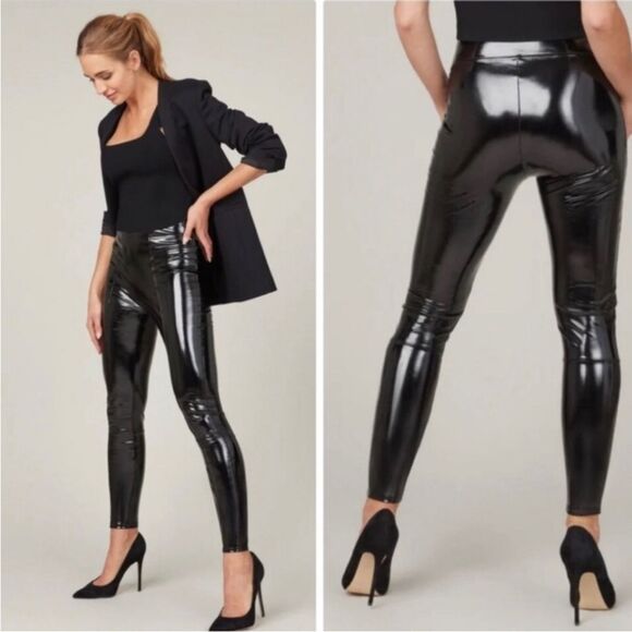 SPANX Sleek Black shaping High Waist Faux Leather Patent Leggings Size XS NWOT - Picture 6 of 14